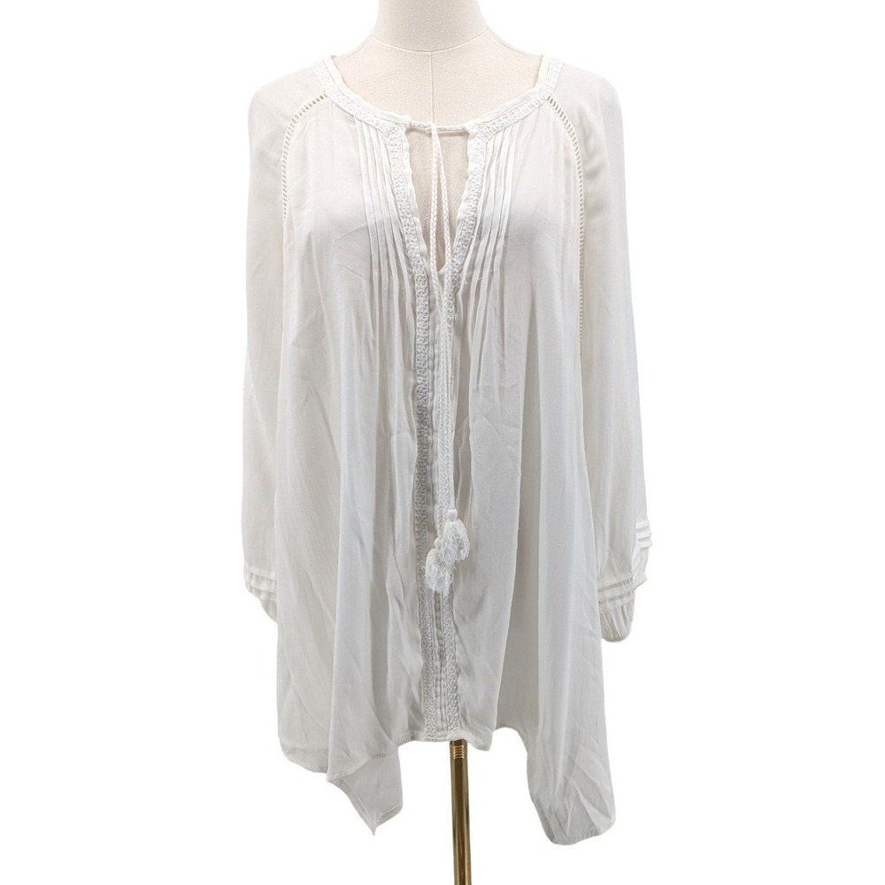 White Boho Tunic Blouse Crochet Lace Pintuck Flowy Handkerchief Hem Plus 2X